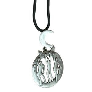 Vintage Pewter JJ Jonette Dancing People Pendant Necklace Black Cord